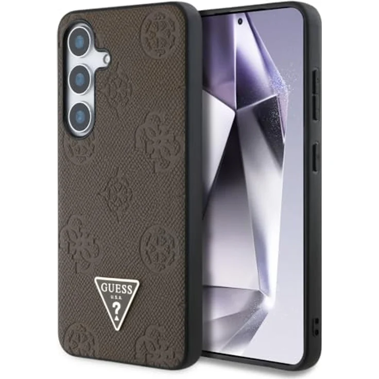 CG MOBILE Guess Grained Hot Stamp Peony Pattern Triangle Logo Hülle für Samsung Galaxy S25, Kompatibel mit MagSafe, Braun, TPU/PC/Leder – Bild 1