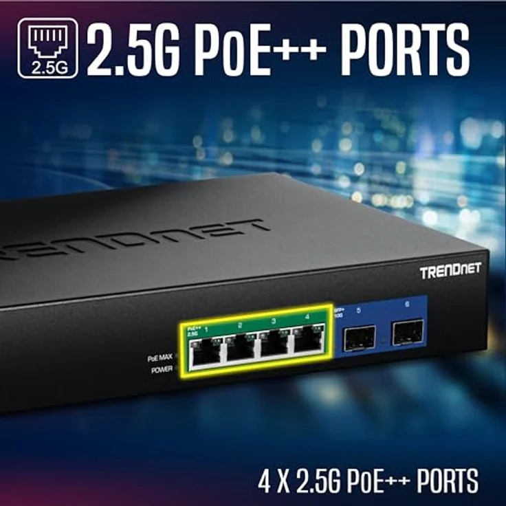 Trendnet 6-Port 2.5G GaN Power PoE++ Switch, unmanaged Netzwerk-Switch mit 240 Watt Gesamtleistung, schwarz – Bild 4