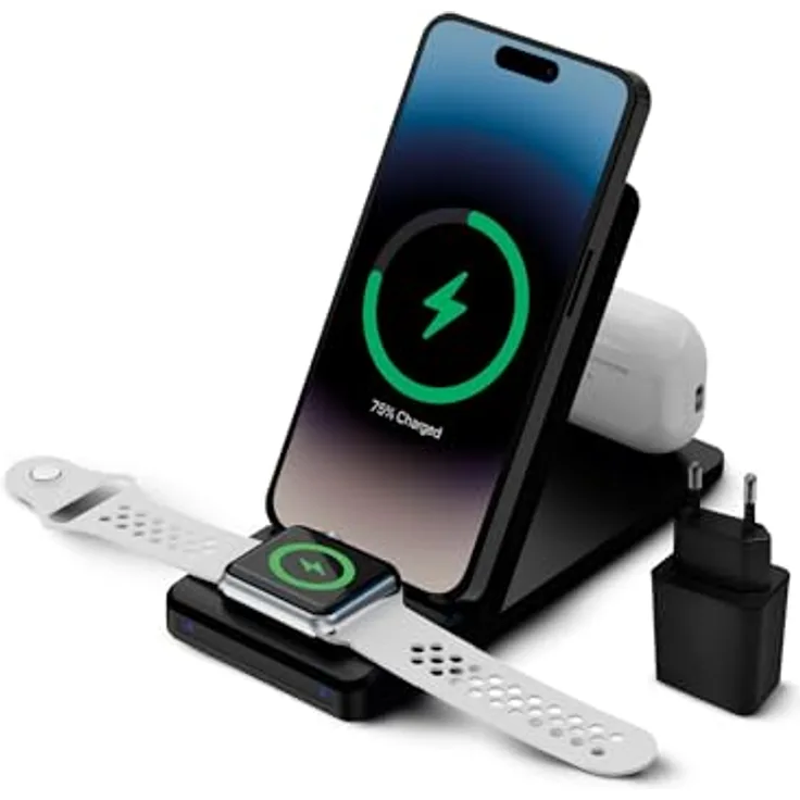 KSIX 3-in-1 kabelloses Ladegerät, 15 W, Schwarz, modernes Design, Wireless Charging Adapter