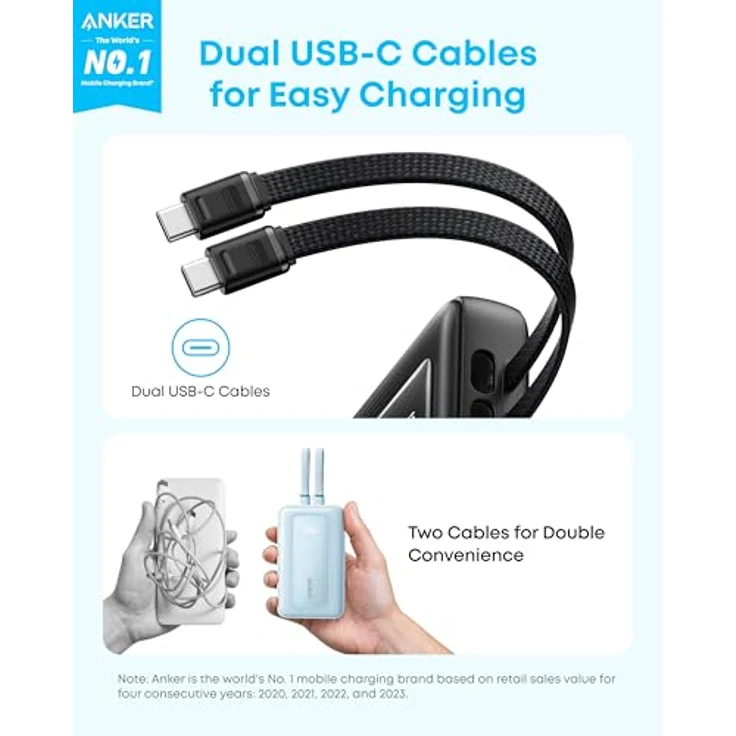 Anker Zolo Powerbank, 10000mAh, 35W Max, 2 integrierte USB-C Kabel, portabel und leicht – Bild 2