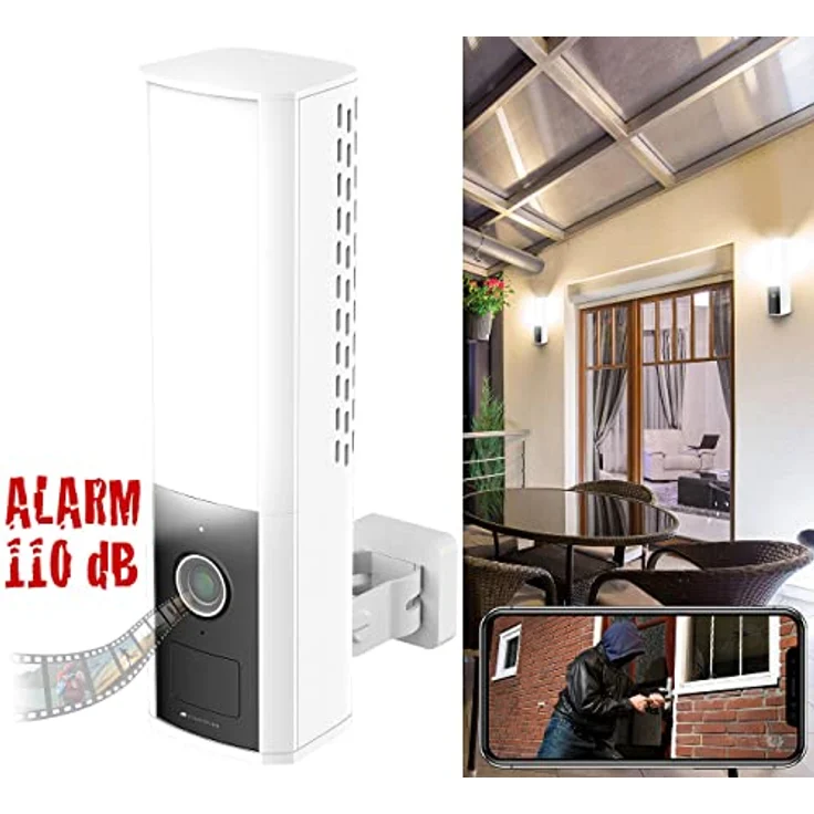 VisorTech Lampe mit Kamera: LED-Außenwandleuchte & WLAN-2K-Kamera, PIR, Nachtsicht, Sirene, weiß (2K Überwachungskamera) – Bild 2