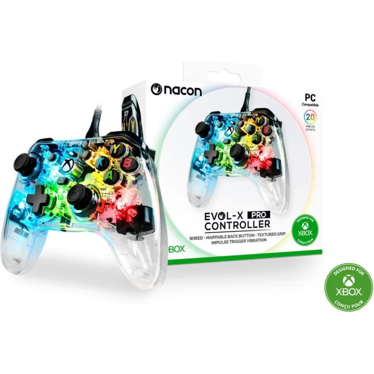 Nacon Xbox Controller EVOL-X PRO, RGB / Transparent - Offiziell lizenzierter Controller mit 4 Vibrationsmotoren, Shortcut-Tasten und personalisierbaren RGB-Lichteffekten