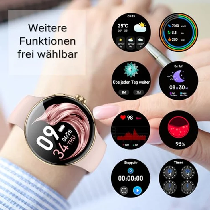 XINJI SmartWatch N2, Bluetooth, AMOLED Touchpanel, Puls-/HRV-/Blutsauerstoff-Messung, Schlafmonitor, 128MB Musikspeicher, Kalorien-/Schrittzähler, 3ATM wasserdicht, gold – Bild 2