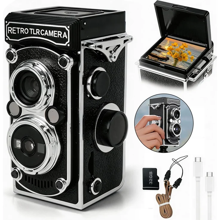 Welikera Mini Retro Digitalkamera 4800MP, 1080P Video, Nachtsicht, Handkurbel, 32GB Speicherkarte, wiederaufladbar, tragbar