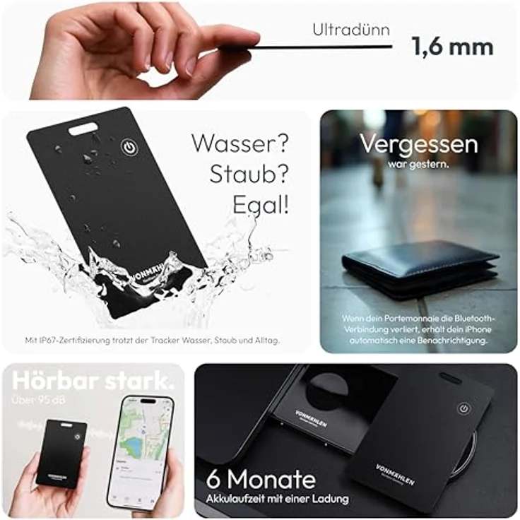 VONMÄHLEN FindMe Bluetooth Tracker Karte - Ultra-Slim, kabellos aufladbar, IP67 Wasser- und Staubresistent, kompatibel mit Apple Find My, ideal für Brieftaschen und Gepäck – Bild 3
