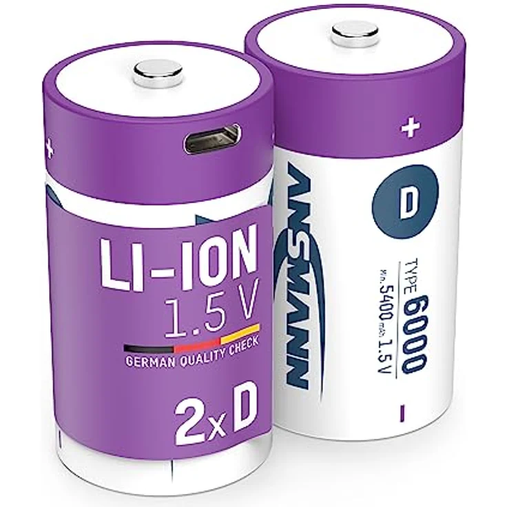 ANSMANN 2X Mono D Akkus Li-Ion mit USB Typ-C Anschluss, wiederaufladbar über USB-C/Hohe Leistung von 1,5 Volt & 6000 mAh/Geeignet für Fernsteuerung, Controller, Lampen, Spielzeug, Funkgeräte – Bild 1
