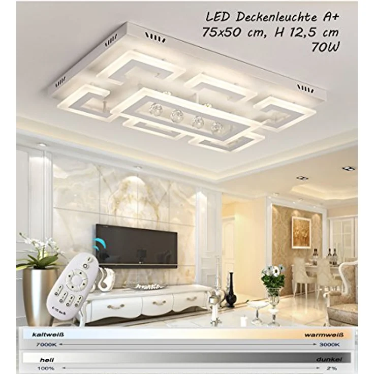 Eurotondisplay LED Deckenleuchte XW803 75x50 mit Fernbedienung dimmbar kaltweiß-warmweiß 70W, weiß – Bild 2