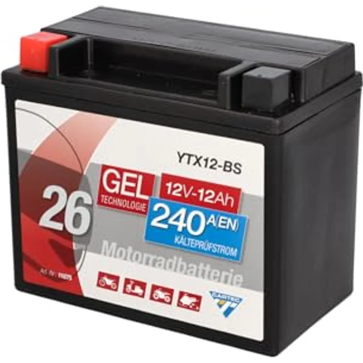 Cartec GEL Batterie YTX12-BS, 12Ah 240A, wartungsfreie Motorradbatterie mit auslaufsicherer Gel-Technologie – Bild 1