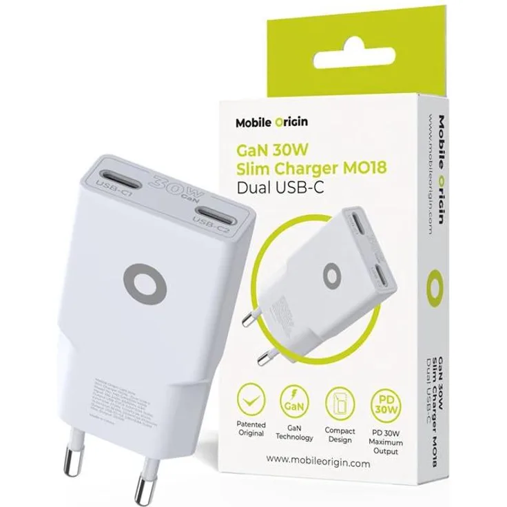 Mobile Origin MO-GAN30W-MO18, GaN 30W Slim Charger, Dual USB-C, schnellladefähig, kompakt, weiß
