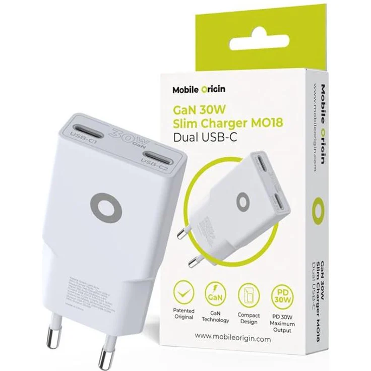 Mobile Origin MO-GAN30W-MO18, GaN 30W Slim Charger, Dual USB-C, schnellladefähig, kompakt, weiß