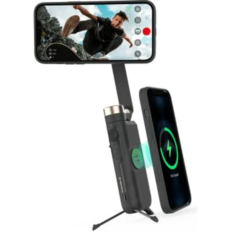 PowerVision S1 Gimbal, 3-Achsen Smartphone-Stabilisator mit eingebautem Stativ, kabelloser Powerbank und AI Tracking für Vlogging und TikTok, Schwarz