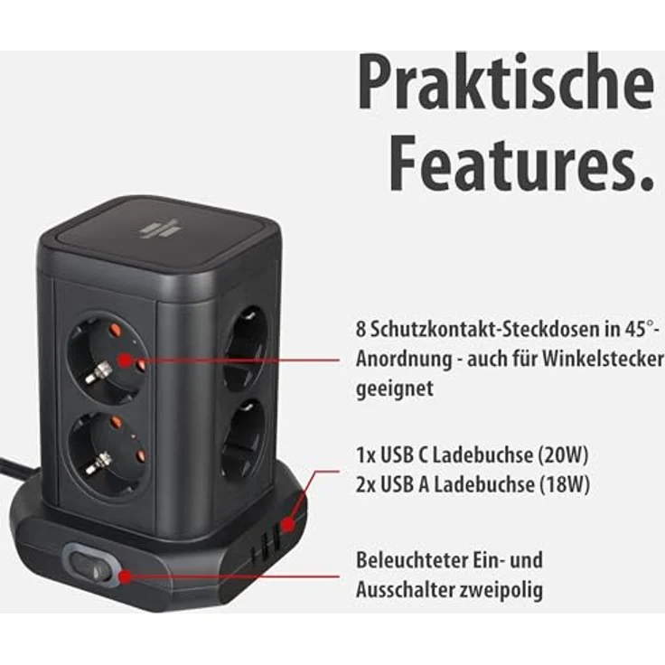 Brennenstuhl Steckdosenturm 8-Fach mit 2x USB A & 1x USB C Power Delivery, 45°-Anordnung, 2m Kabel, schwarz – Bild 2