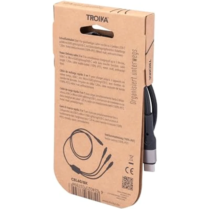 TROIKA DREIZACK PRO Schnellladekabel 3 in 1, USB-C auf Micro-USB/Lightning/USB-C, 100W Schnellladung, metallbeschichtet, 1,20 m, anthrazit/schwarz – Bild 3