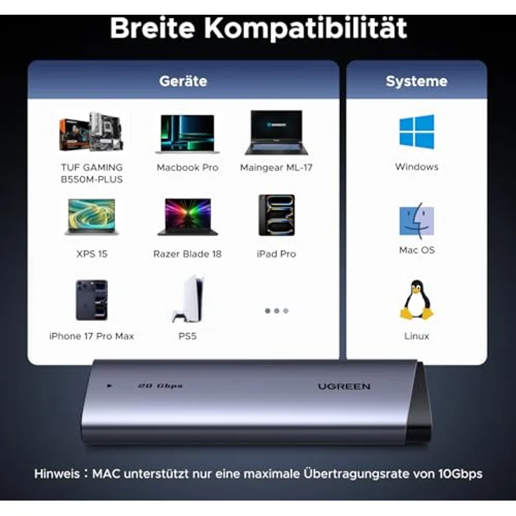 Ugreen CM767 Festplattengehäuse, M.2 NVMe/SATA bis 8 TB, 20 Gbit/s, Aluminium, grau – Bild 7