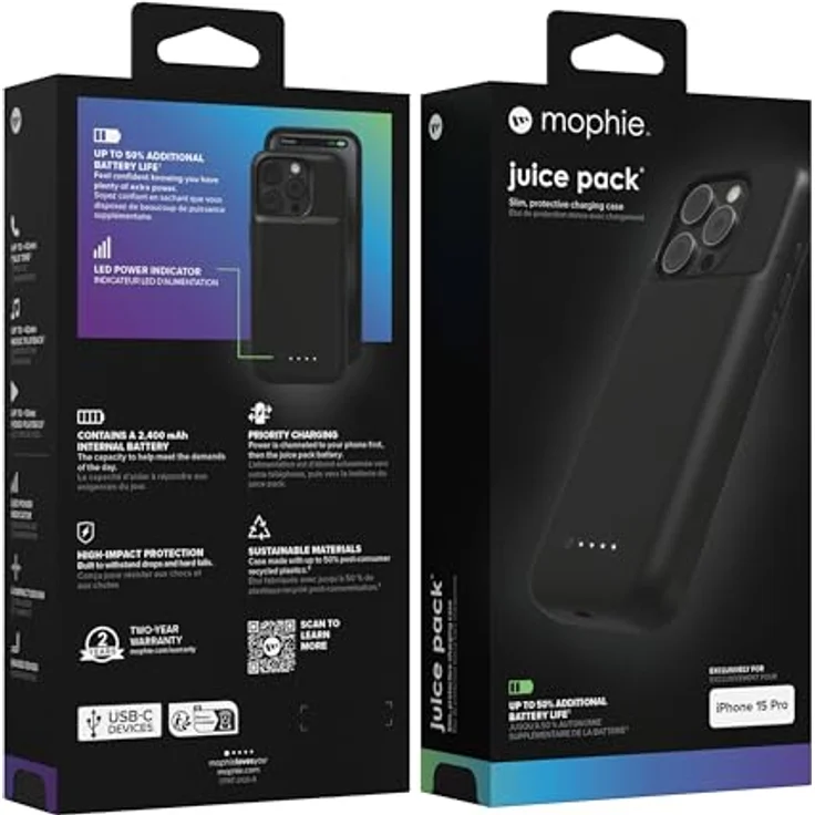 mophie Juice Pack, Smartphone Hülle mit 2.400mAh Akku und Fallschutz bis 1,8m für Apple iPhone 15 Pro, Schwarz – Bild 4