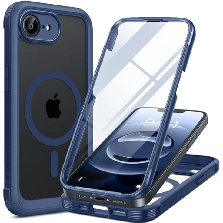 Miracase Hülle für iPhone 17e & 16e, 360° Ganzkörper-Stoßfest mit kratzfestem Panzerglas-Schutz und Voll-Kameraschutz, dunkelblau – Bild 1
