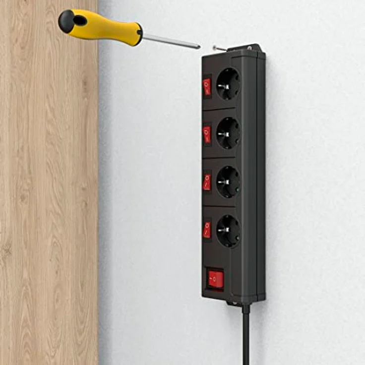 Hama 4-fach Steckdosenleiste einzeln schaltbar (Wandmontage, extra großer Buchsen-Abstand, Stecker 90° gedreht, 1,4m Kabel, Kindersicherung) Mehrfachsteckdose Steckerleiste schwarz – Bild 6