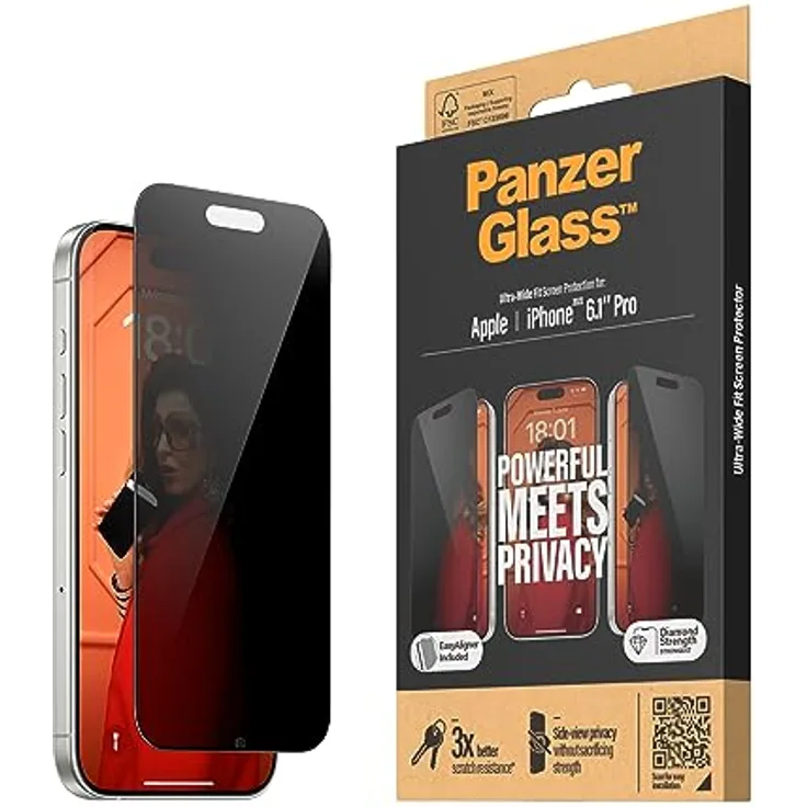 PanzerGlass Displayschutzfolie für Apple iPhone 15 Pro (15,5 cm / 6,1 Zoll), Sichtschutz, ultraweite Passform, transparent (P2810), kratzfest und stoßfest, 2 Jahre