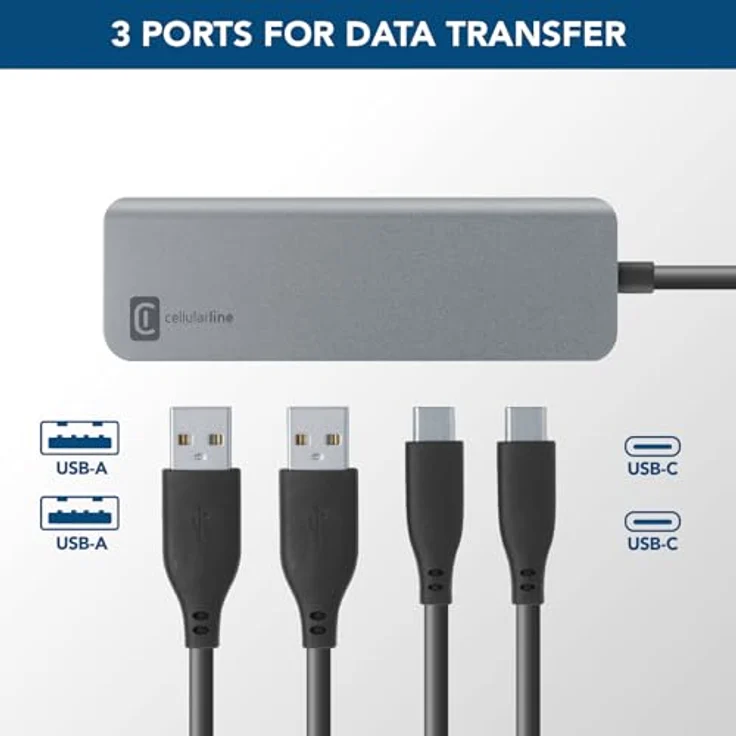 Cellularline HUB Starter, 4-Port-Hub mit 2 USB-A- und 1 USB-C-Anschluss, Metallgrau, USB-C Power Delivery bis zu 100W, elegant und robust – Bild 4