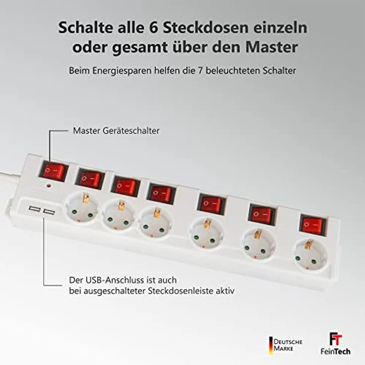 FeinTech Steckdosenleiste einzeln schaltbar mit USB, 6-Fach Mehrfachsteckdosenleiste mit Überspannungsschutz und 3 Steckdosen mit extra breitem Abstand, MD000652 – Bild 3