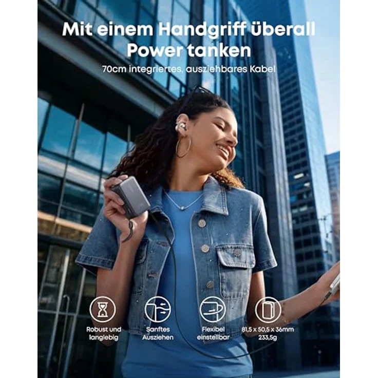 Anker Nano Powerbank 10.000mAh, Externer Akku mit 70cm Einzugskabel, 45W Max, Smart-Display, für iPhone 16 Serie, iPad, Galaxy, Pixel und mehr, Reisefreundlich – Bild 5