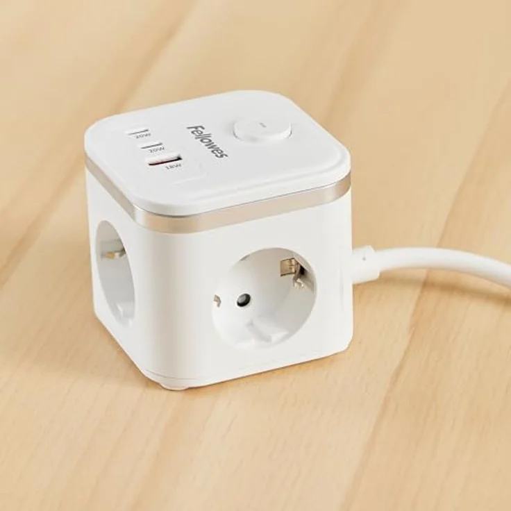 Fellowes Power Cube Steckdosenleiste, 3 Typ-F, 2 USB-C & 1 USB-A, 2 m Kabel, Schwarz, platzsparender Mehrfachadapter für Schreibtisch und Büro – Bild 2