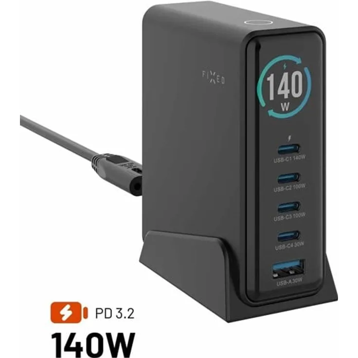 FIXED Super Fast GaN 140W Desktop Charger mit 4xUSB-C & 1xUSB-A, Schwarz, mit TFT-Display und mehrstufigem Schutz