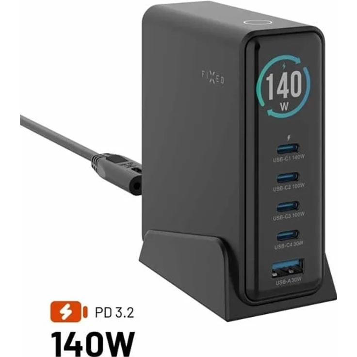 FIXED Super Fast GaN 140W Desktop Charger mit 4xUSB-C & 1xUSB-A, Schwarz, mit TFT-Display und mehrstufigem Schutz