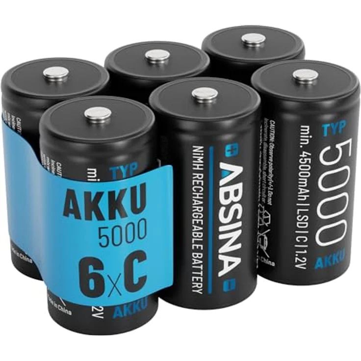 ABSINA 6X Batterien C Baby LR 14 wiederaufladbar 5000 mit geringer Selbstentladung - NiMH Akku mit min. 4500mAh & 1,2V - Baby C Akku, konstante Leistung – Bild 1