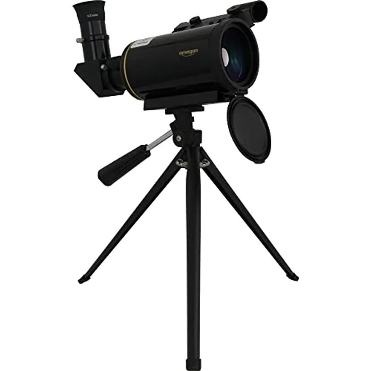 Omegon Maksutov Teleskop MightyMak 60, kompaktes Teleskop mit vergüteter Frontlinse und LED-Sucher, Hochglanz schwarz mit Goldstreifen