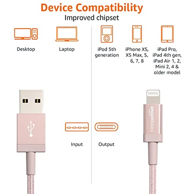 AmazonBasics – Verbindungskabel Lightning auf USB-A, Nylon-umflochten, MFi-zertifiziertes Ladekabel für iPhone, rotgoldfarben, 1,82 m, 2 Stück – Bild 4
