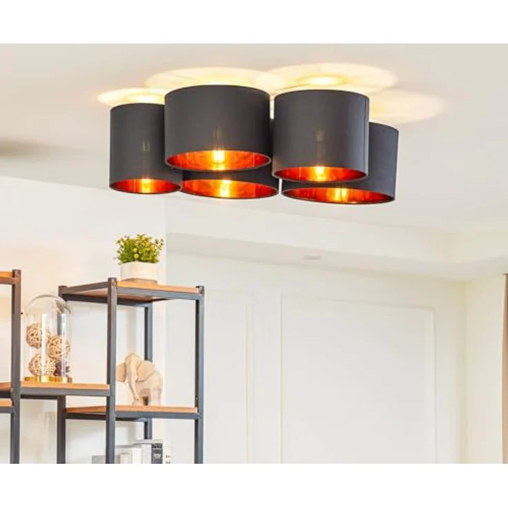 Lindby Stoff Deckenlampe Laurenz schwarz-gold, 5 Schirme Ø 20 25 28 30 32 cm 5x E27 max. 60W Textil Deckenleuchte ohne Leuchtmittel – Bild 2