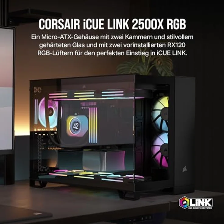 Corsair iCUE Link 2500X RGB gehärtetes Glas mATX Mid-Tower PC Gehäuse - Dual Chamber Design - 2X RX120 RGB Lüfter - Reverse Connection Motherboard, Schwarz – Bild 2