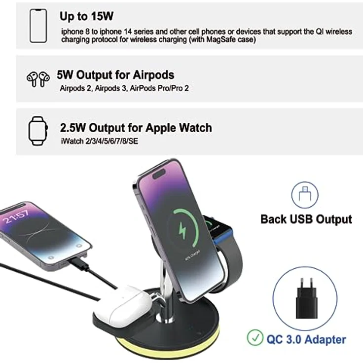 PUCHIKA 4 in 1 Induktive Ladestation für iPhone AirPods Apple Watch MagSafe Wireless Charger (inkl. 18W/QC 3.0 Schnelllade-Adapter und Typ-C-Ladekabel) – Bild 4