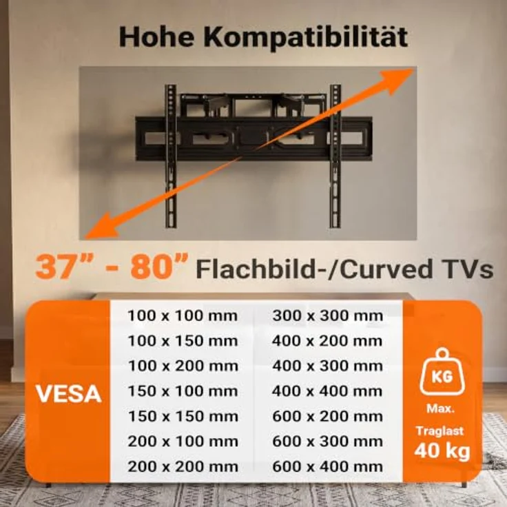 Wiltec Toboli TV-Wandhalterung für 37-80 Zoll Bildschirme, 120° schwenkbar, neigbar, drehbar, optimiertes Kabelmanagement, verstellbarer Wandabstand – Bild 4