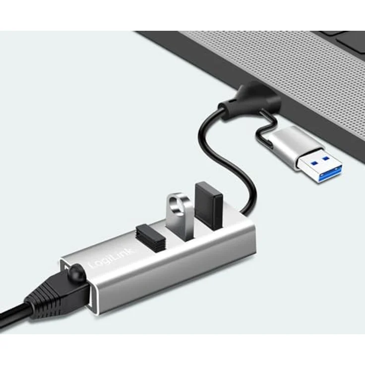 LogiLink USB3.2 Hub UA0440, 4-Port Konverter mit Gigabit Ethernet und Aluminiumgehäuse, silber – Bild 2