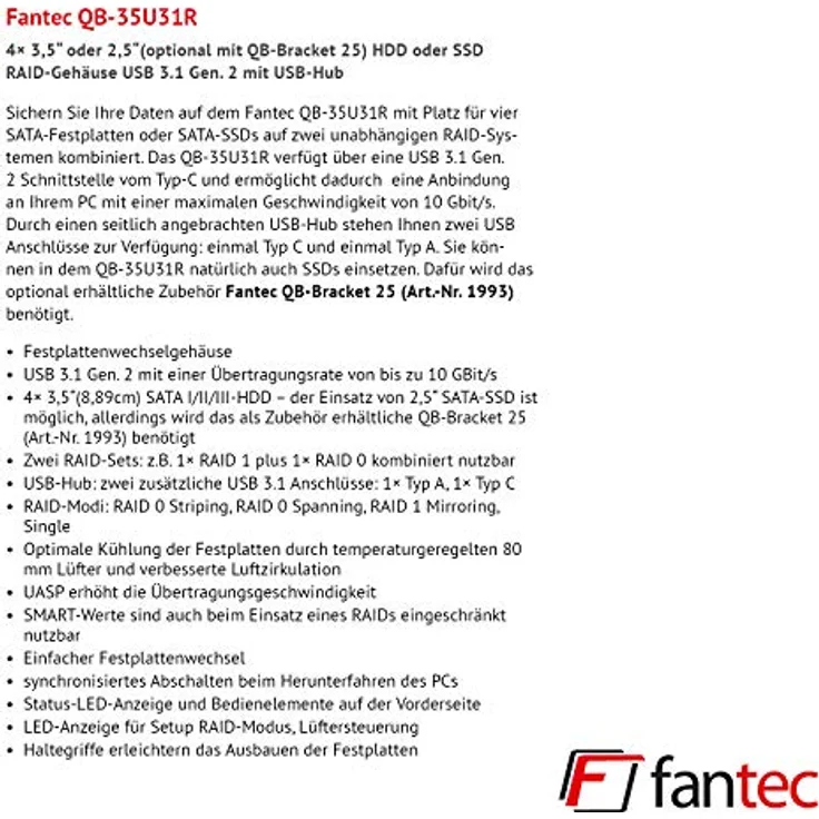 FANTEC QB-35U31R 4fach USB3.2 Gen2 RAID Festplattengehäuse für 4X SATA 3,5/2,5 Zoll SSDs oder HDDs, Transfer bis 10Gbit/s, 2X zweifach RAID, mit USB-C & USB-A Hub, Lüfter Automatik, Metall, schwarz – Bild 5