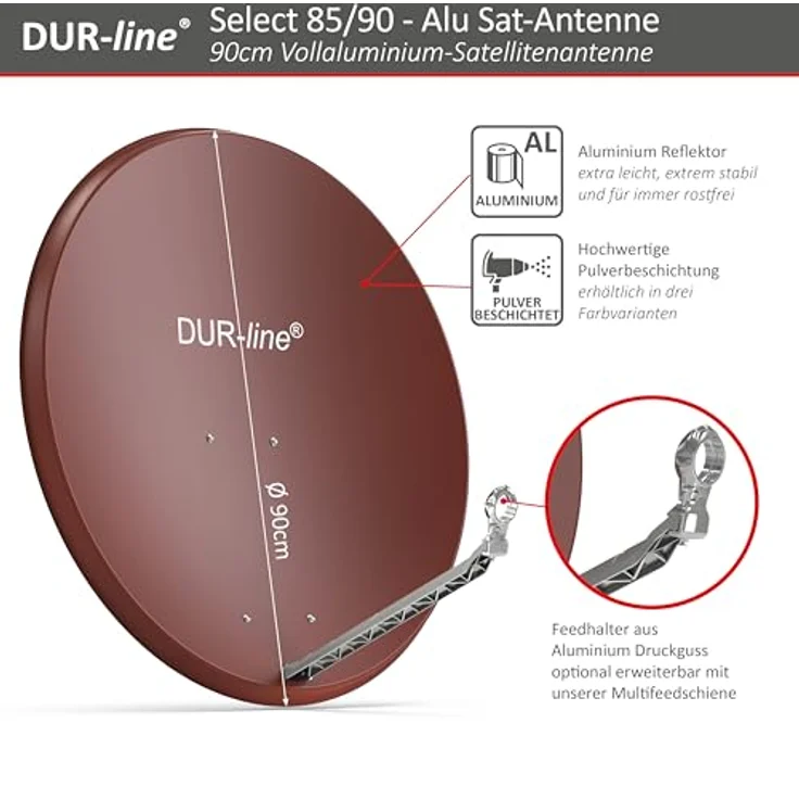 DUR-line 4 Teilnehmer Set - Qualitäts-Alu-Satelliten-Komplettanlage - Select 85/90cm Spiegel/Schüssel Rot + Quad LNB - für 4 Receiver/TV [Neuste Technik, DVB-S2, 4K, 3D] – Bild 4