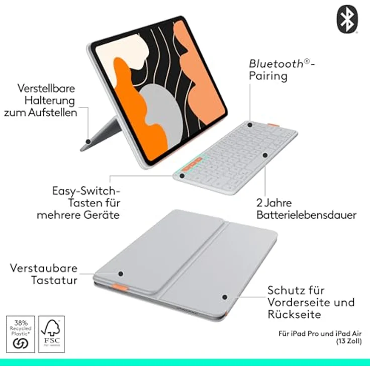 Logitech Flip Folio Tastatur-Case für iPad Pro und Air 13 Zoll, Bluetooth, integriertes Touchpad, hellgrau – Bild 8