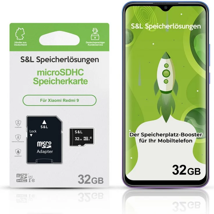 Tec-Expert microSD Karte S&L für Xiaomi Redmi 9, 32 GB, Class 10, microSDHC, stoßfest und wasserdicht