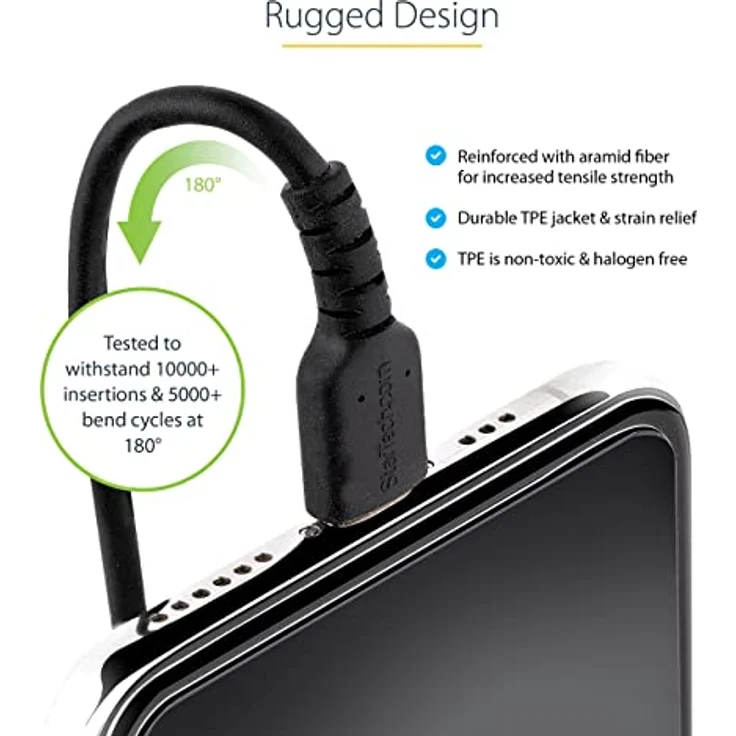 StarTech.com 1m USB C auf Lightning Kabel, spiralkabel, MFi-zertifiziert, Schnellladekabel für iPhone/iPad/iPod, schwarz, langlebiger TPE-Mantel aus Aramidfaser, USB C 2.0 Kabel (RUSB2CLT1MBC) – Bild 4