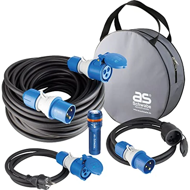 As - Schwabe Verlängerungskabel Camping SET, 25 m CEE 16/3, schwarz mit Adapterkabel und Taschenlampe – Bild 1