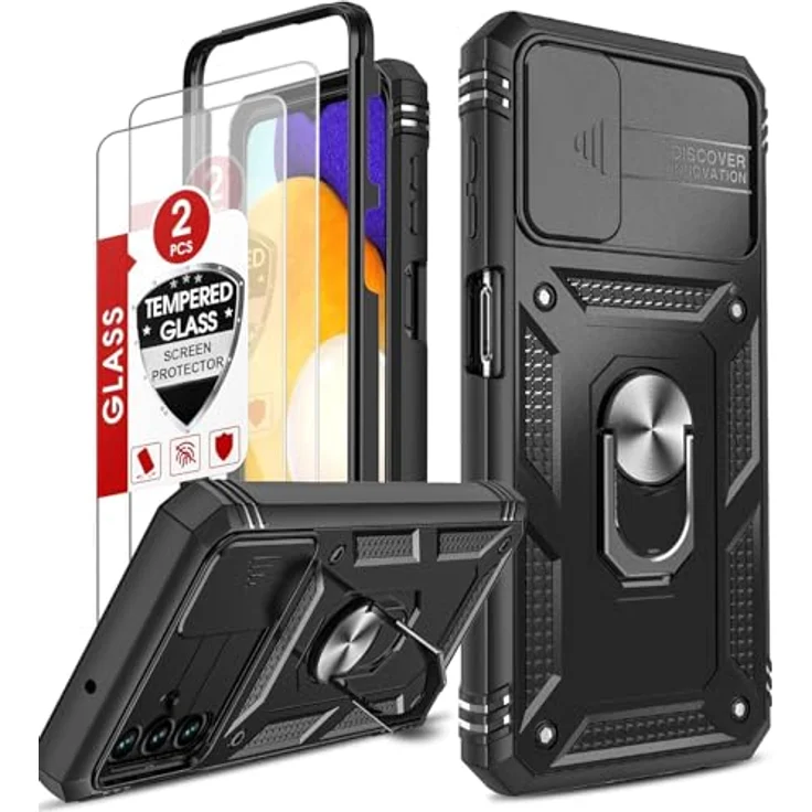LeYi Hülle für Samsung Galaxy A13 5G/A04S, Hybrid Handyhülle mit Kameraschutz und 2 Schutzfolien, militärischer Standard, schwarz, mit Metall Ring Ständer – Bild 1