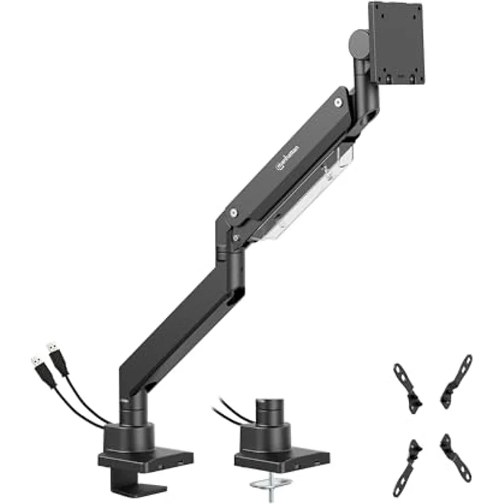 Manhattan Tischhalterung für Monitor bis 57", mit USB-Ports, Gasdruckfeder, Traglast bis 27 kg, Aluminium, Schwarz – Bild 3