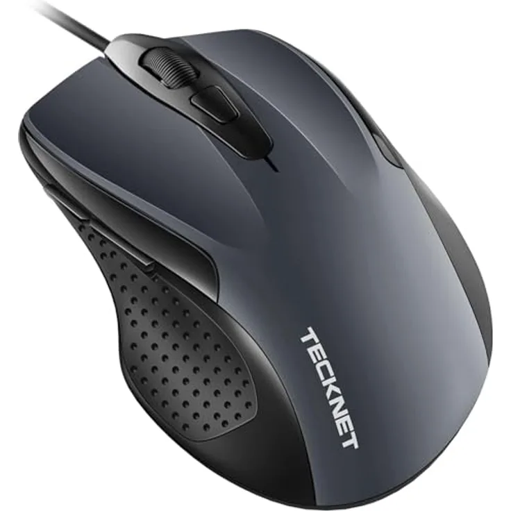 TECKNET MAUS mit Kabel, 6 Tasten, 6400 DPI, Ergonomische Optical Maus für PC und Laptop, USB-Kabel 150 cm, Grau