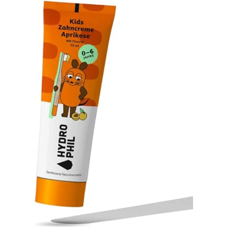 Hydrophil Zahncreme für Kinder - Die Maus, Aprikosen Geschmack, Naturkosmetik, mit Fluorid, für 0-6 Jahre, Made in Germany