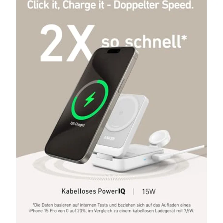 Anker MagGo 3-in-1 Ladestation, Qi2 zertifiziert, 15W kabellos, MagSafe kompatibel, Apple Watch Ladegerät, für iPhone 15/14, AirPods, Apple Watch 9 (mit 40W USB-C Netzteil) – Bild 2