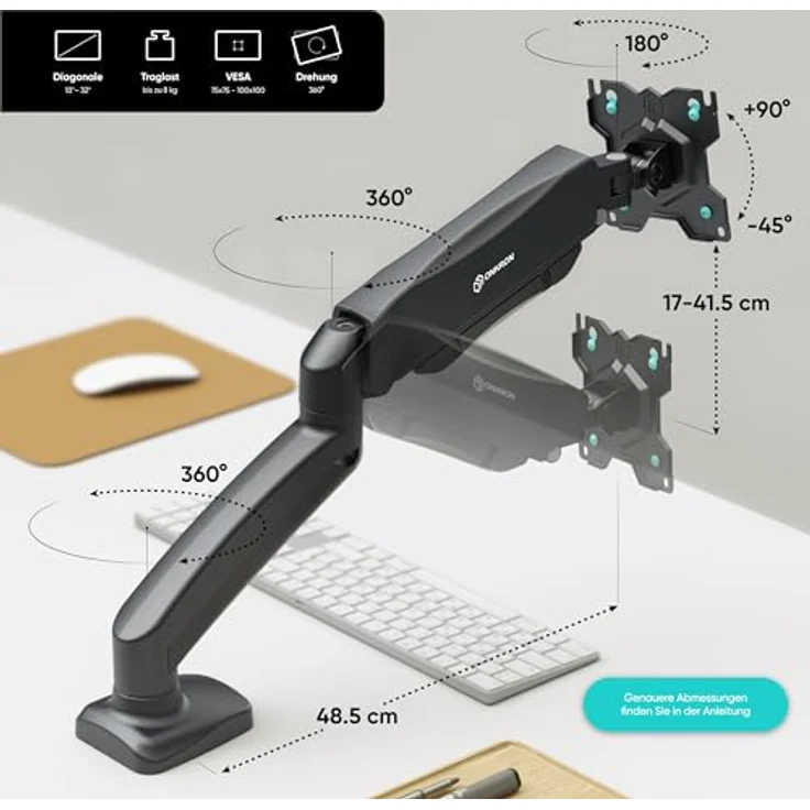 ONKRON G80-B Monitor Tischhalterung für 13-32 Zoll Bildschirme bis 8 kg - Gasdruckfeder, drehbar, schwenkbar, neigbar - Schwarz – Bild 2