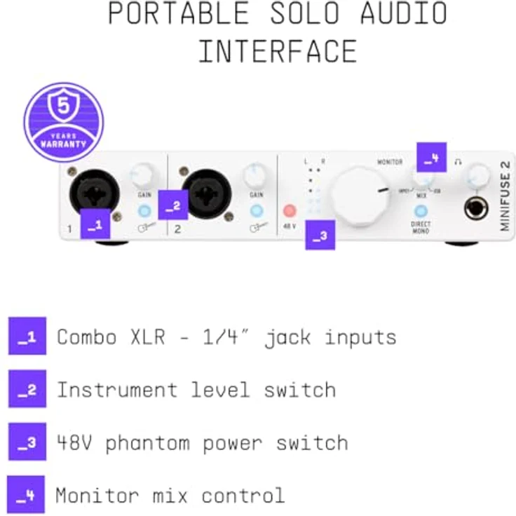 Arturia MiniFuse 2, Kompaktes USB-Audio-Interface mit 2 Eingängen und Loopback-Funktion für hochwertige Aufnahmen - Weiß – Bild 4