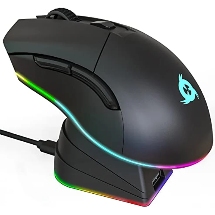 KLIM Blaze Pro Wiederaufladbare kabellose Maus - NEU 2024 - Gaming Maus mit RGB und Ladestation - Hochpräziser Sensor - Bis zu 6000 DPI - Für PC - Mattschwarz – Bild 1